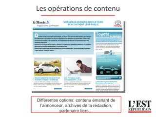 Les opérations de contenu Différentes options: contenu émanant de l’annonceur, archives de la rédaction, partenaire tiers… 