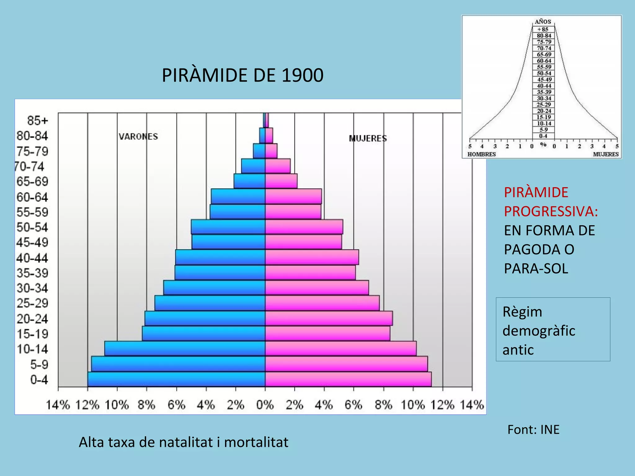 PIRÀMIDE DE 1900




                                      PIRÀMIDE
                                      PROGRESSIVA:
                                      EN FORMA DE
                                      PAGODA O
                                      PARA-SOL

                                      Règim
                                      demogràfic
                                      antic



                                      Font: INE
Alta taxa de natalitat i mortalitat
 