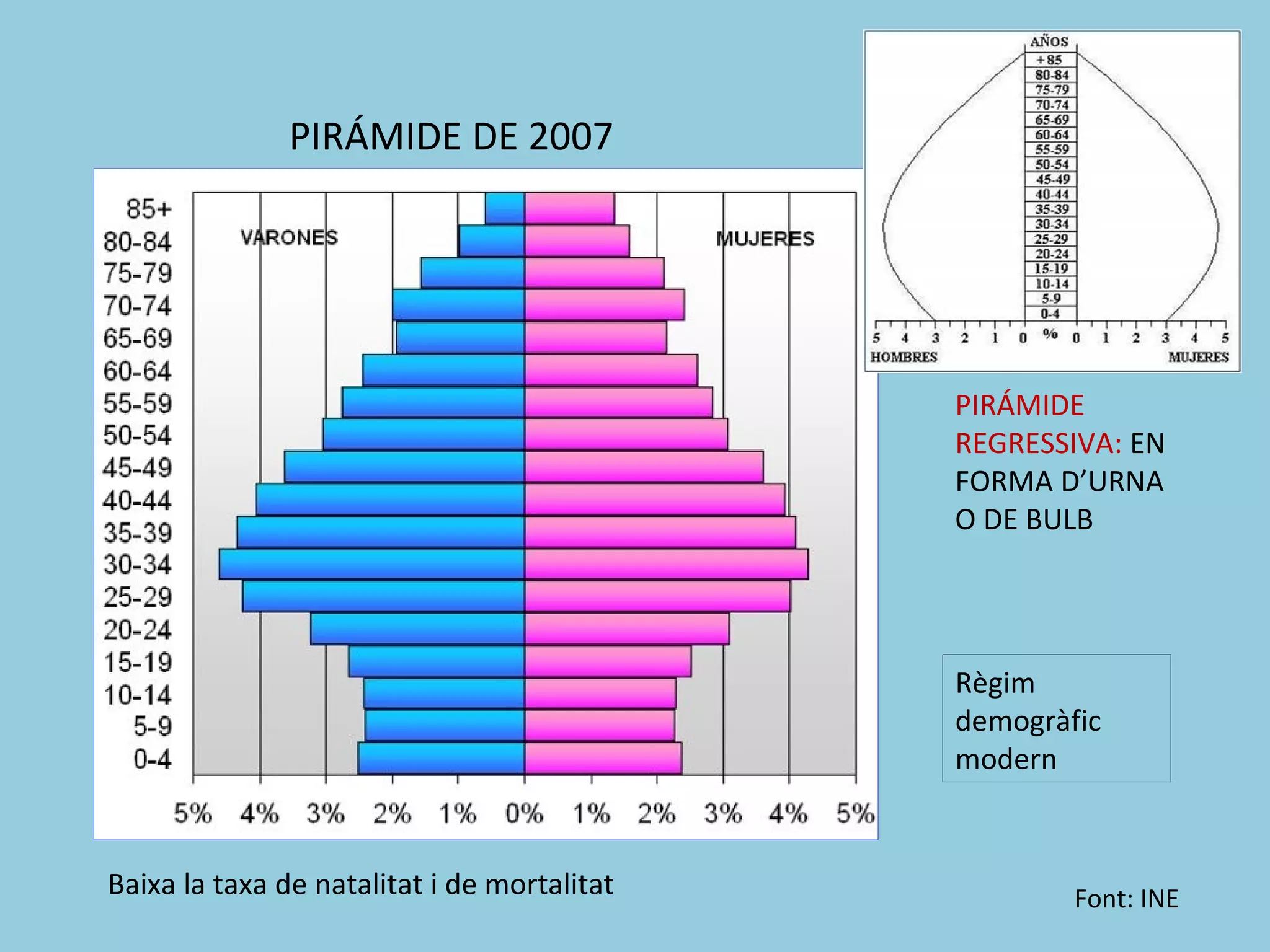 PIRÁMIDE DE 2007




                                             PIRÁMIDE
                                             REGRESSIVA: EN
                                             FORMA D’URNA
                                             O DE BULB




                                             Règim
                                             demogràfic
                                             modern


Baixa la taxa de natalitat i de mortalitat           Font: INE
 