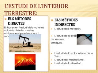 L’ESTUDI DE L’INTERIOR
TERRESTRE:
 ELS MÈTODES
DIRECTES
Es basen en l’estudi dels materials
volcànics i de les mostres
obtingudes de perforacions i
sondejos.
 ELS MÈTODES
INDIRECTES
 L’estudi dels meteorits.
 L’estudi de la propagació
de les ones
sísmiques.
 L’estudi de la calor interna de la
Terra.
 L’estudi del magnetisme.
 L’estudi de la densitat.
 