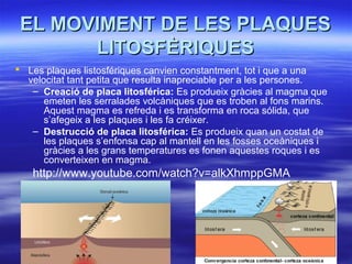 EL MOVIMENT DE LES PLAQUESEL MOVIMENT DE LES PLAQUES
LITOSFÈRIQUESLITOSFÈRIQUES
 Les plaques listosfériques canvien constantment, tot i que a una
velocitat tant petita que resulta inapreciable per a les persones.
– Creació de placa litosférica: Es produeix gràcies al magma que
emeten les serralades volcàniques que es troben al fons marins.
Aquest magma es refreda i es transforma en roca sólida, que
s’afegeix a les plaques i les fa créixer.
– Destrucció de placa litosférica: Es produeix quan un costat de
les plaques s’enfonsa cap al mantell en les fosses oceàniques i
gràcies a les grans temperatures es fonen aquestes roques i es
converteixen en magma.
http://www.youtube.com/watch?v=alkXhmppGMA
 