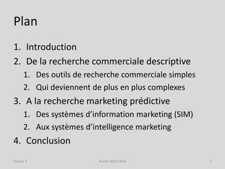 Plan
1. Introduction
2. De la recherche commerciale descriptive
1. Des outils de recherche commerciale simples
2. Qui deviennent de plus en plus complexes
3. A la recherche marketing prédictive
1. Des systèmes d’information marketing (SIM)
2. Aux systèmes d’intelligence marketing
4. Conclusion
Séance 3 Année 2015-2016 3
 