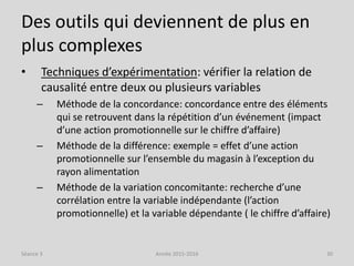 Des outils qui deviennent de plus en
plus complexes
• Techniques d’expérimentation: vérifier la relation de
causalité entre deux ou plusieurs variables
– Méthode de la concordance: concordance entre des éléments
qui se retrouvent dans la répétition d’un événement (impact
d’une action promotionnelle sur le chiffre d’affaire)
– Méthode de la différence: exemple = effet d’une action
promotionnelle sur l’ensemble du magasin à l’exception du
rayon alimentation
– Méthode de la variation concomitante: recherche d’une
corrélation entre la variable indépendante (l’action
promotionnelle) et la variable dépendante ( le chiffre d’affaire)
Séance 3 Année 2015-2016 30
 