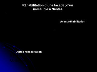 Réhabilitation du centre de Ganges ,
Antoine Dalbard,architecte
Réhabilitation du quartier du
Molo,genes(1981,1986)
Réhabilitation d’une façade ;d’un
immeuble à Nantes
Avant réhabilitation
Apres réhabilitation
 