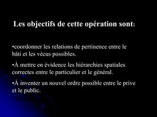 Réhabilitation du centre de Ganges ,
Antoine Dalbard,architecte
Réhabilitation du quartier du
Molo,genes(1981,1986)
Les objectifs de cette opération sont:
•coordonner les relations de pertinence entre le
bâti et les vécus possibles.
•À mettre en évidence les hiérarchies spatiales
correctes entre le particulier et le général.
•À inventer un nouvel ordre possible entre le prive
et le public.
 