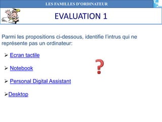 Parmi les propositions ci-dessous, identifie l’intrus qui ne
représente pas un ordinateur:
 Ecran tactile
 Notebook
 Personal Digital Assistant
Desktop
EVALUATION 1
LES FAMILLES D’ORDINATEUR
 