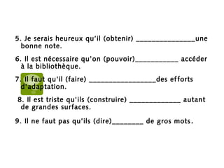 5. Je serais heureux qu’il (obtenir) _______________une 
bonne note. 
6. Il est nécessaire qu’on (pouvoir)___________ accéder 
à la bibliothèque. 
7. Il faut qu'il (faire) _________________des ef forts 
d'adaptation. 
8. Il est triste qu'ils (construire) _____________ autant 
de grandes surfaces. 
9. Il ne faut pas qu’ils (dire)________ de gros mots . 
 
