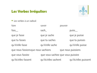 Les Verbes Irréguliers 
 Les verbes à un radical: 
faire savoir pouvoir 
fass__ sach_ puiss__ 
que je fasse que je sache que je puisse 
que tu fasses que tu saches que tu puisses 
qu’il/elle fasse qu’il/elle sache qu’il/elle puisse 
que nous fassionsque nous sachions que nous puissions 
que vous fassiez que vous sachiez que vous puissiez 
qu’ils/elles fassent qu’ils/elles sachent qu’ils/elles puissent 
 