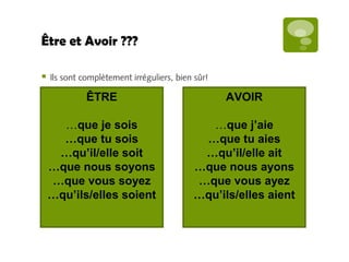 Être et Avoir ??? 
 Ils sont complètement irréguliers, bien sûr! 
ÊTRE 
…que je sois 
…que tu sois 
…qu’il/elle soit 
…que nous soyons 
…que vous soyez 
…qu’ils/elles soient 
AVOIR 
…que j’aie 
…que tu aies 
…qu’il/elle ait 
…que nous ayons 
…que vous ayez 
…qu’ils/elles aient 
 