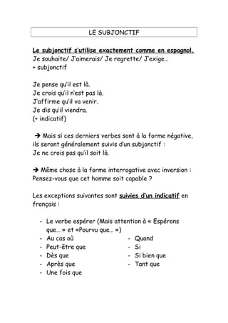 LE SUBJONCTIF
Le subjonctif s’utilise exactement comme en espagnol.
Je souhaite/ J’aimerais/ Je regrette/ J’exige…
+ subjo...