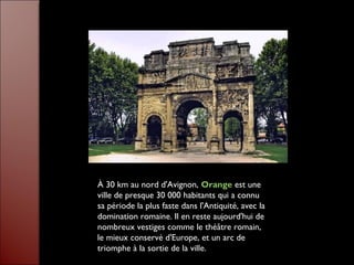 À 30 km au nord d'Avignon, Orange est une
ville de presque 30 000 habitants qui a connu
sa période la plus faste dans l'Antiquité, avec la
domination romaine. Il en reste aujourd'hui de
nombreux vestiges comme le théâtre romain,
le mieux conservé d'Europe, et un arc de
triomphe à la sortie de la ville.
 