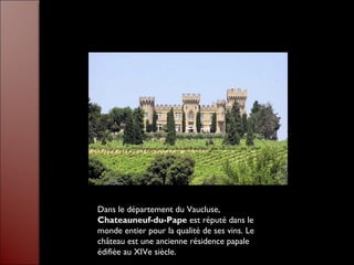 Dans le département du Vaucluse,
Chateauneuf-du-Pape est réputé dans le
monde entier pour la qualité de ses vins. Le
château est une ancienne résidence papale
édifiée au XIVe siècle.
 