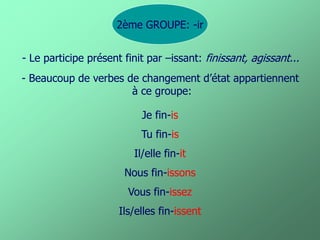 2ème GROUPE: -ir 
Je fin-is 
Tu fin-is 
Il/elle fin-it 
Nous fin-issons 
Vous fin-issez 
Ils/elles fin-issent 
- Beaucoup de verbes de changement d’état appartiennent 
à ce groupe: 
- Le participe présent finit par –issant: finissant, agissant...  