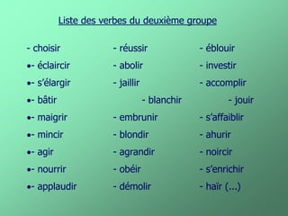 Liste des verbes du deuxième groupe 
- choisir - réussir - éblouir 
- éclaircir - abolir - investir 
- s’élargir - jaillir - accomplir 
- bâtir - blanchir - jouir 
- maigrir - embrunir - s’affaiblir 
- mincir - blondir - ahurir 
- agir - agrandir - noircir 
- nourrir - obéir - s’enrichir 
- applaudir - démolir - haïr (...)  