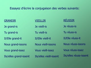Essayez d’écrire la conjugaison des verbes suivants: 
GRANDIR 
Je grand-is 
Tu grand-is 
Il/Elle grand-it 
Nous grand-issons 
Vous grand-issez 
Ils/elles grand-issent 
VIEILLIR 
Je vieill-is 
Tu vieill-is 
Il/Elle vieill-it 
Nous vieill-issons 
Vous vieill-issez 
Ils/elles vieill-issent 
RÉUSSIR 
Je réuss-is 
Tu réuss-is 
Il/Elle réuss-it 
Vous réuss-issez 
Nous réuss-issons 
Ils/elles réuss-issent  