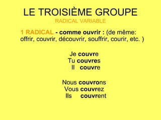 LE TROISIÈME GROUPE RADICAL VARIABLE 1 RADICAL  - comme ouvrir :  (de même: offrir, couvrir, découvrir, souffrir, courir, etc. )  Je  couvr e   Tu  couvre s   Il  couvr e Nous  couvro ns   Vous  couvr ez   Ils  couvr ent 