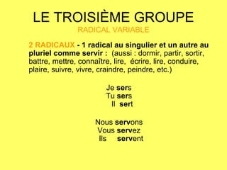 LE TROISIÈME GROUPE RADICAL VARIABLE 2 RADICAUX  - 1 radical au singulier et un autre au pluriel comme servir :   (aussi : dormir, partir, sortir, battre, mettre, connaître, lire,  écrire, lire, conduire, plaire, suivre, vivre, craindre, peindre, etc.)    Je  ser s   Tu  ser s    Il  ser t    Nous  serv ons   Vous  serv ez   Ils  serv ent 