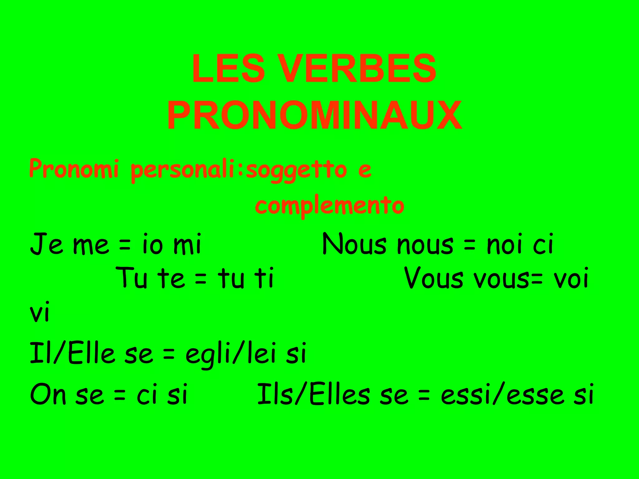 LES VERBES
PRONOMINAUX
Pronomi personali:soggetto e
complemento
Je me = io mi Nous nous = noi ci
Tu te = tu ti Vous vous= voi
vi
Il/Elle se = egli/lei si
On se = ci si Ils/Elles se = essi/esse si