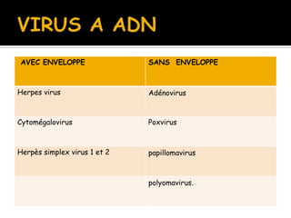 AVEC ENVELOPPE

SANS ENVELOPPE

Herpes virus

Adénovirus

Cytomégalovirus

Poxvirus

Herpès simplex virus 1 et 2

papillomavirus

polyomavirus.

 