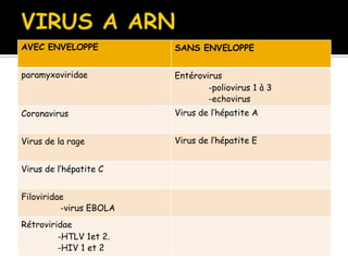 AVEC ENVELOPPE

SANS ENVELOPPE

paramyxoviridae

Entérovirus
-poliovirus 1 à 3
-echovirus

Coronavirus

Virus de l’hépatite A

Virus de la rage

Virus de l’hépatite E

Virus de l’hépatite C
Filoviridae
-virus EBOLA
Rétroviridae
-HTLV 1et 2.
-HIV 1 et 2

 