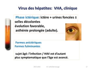 Phase ictérique: ictère + urines foncées ±
selles décolorées
évolution favorable,
asthénie prolongée (adulte).
Formes anictériques
Formes fulminantes
sujet âgé: l’infection / HAV est d’autant
plus symptomatique que l’âge est avancé.
172015-2016 Dr. Latifa Berrezouga
 