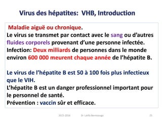 Maladie aiguë ou chronique.
Le virus se transmet par contact avec le sang ou d’autres
fluides corporels provenant d’une personne infectée.
Infection: Deux milliards de personnes dans le monde
environ 600 000 meurent chaque année de l’hépatite B.
Le virus de l’hépatite B est 50 à 100 fois plus infectieux
que le VIH.
L’hépatite B est un danger professionnel important pour
le personnel de santé.
Prévention : vaccin sûr et efficace.
252015-2016 Dr. Latifa Berrezouga
 