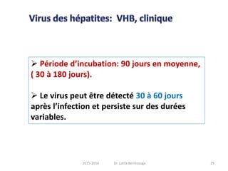  Période d’incubation: 90 jours en moyenne,
( 30 à 180 jours).
 Le virus peut être détecté 30 à 60 jours
après l’infection et persiste sur des durées
variables.
292015-2016 Dr. Latifa Berrezouga
 