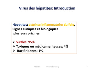 Hépatites: atteinte inflammatoire du foie,
Signes cliniques et biologiques
plusieurs origines :
 Virales: 95%
 Toxiques ou médicamenteuses: 4%
 Bactériennes: 1%
42015-2016 Dr. Latifa Berrezouga
 