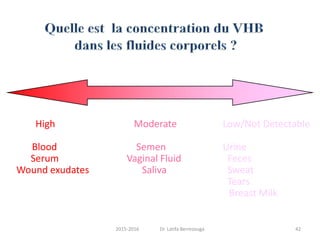 High Moderate Low/Not Detectable
Blood Semen Urine
Serum Vaginal Fluid Feces
Wound exudates Saliva Sweat
Tears
Breast Milk
422015-2016 Dr. Latifa Berrezouga
 