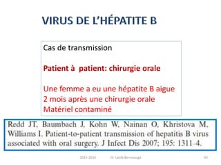 Cas de transmission
Patient à patient: chirurgie orale
Une femme a eu une hépatite B aigue
2 mois après une chirurgie orale
Matériel contaminé
432015-2016 Dr. Latifa Berrezouga
 