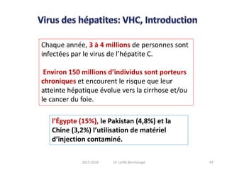 Chaque année, 3 à 4 millions de personnes sont
infectées par le virus de l’hépatite C.
Environ 150 millions d’individus sont porteurs
chroniques et encourent le risque que leur
atteinte hépatique évolue vers la cirrhose et/ou
le cancer du foie.
l’Égypte (15%), le Pakistan (4,8%) et la
Chine (3,2%) l’utilisation de matériel
d’injection contaminé.
472015-2016 Dr. Latifa Berrezouga
 