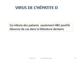 Co-infecte des patients seulement HBV positifs
Absence de cas dans la littérature dentaire
632015-2016 Dr. Latifa Berrezouga
 