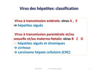 Virus à transmission entérale: virus A , E
⇒ hépatites aiguës
Virus à transmission parentérale et/ou
sexuelle et/ou materno-fœtale: virus B C D
⇒ hépatites aiguës et chroniques
→ cirrhose
→ carcinome hépato cellulaire (CHC)
72015-2016 Dr. Latifa Berrezouga
 