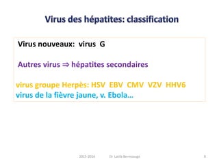 Virus nouveaux: virus G
Autres virus ⇒ hépatites secondaires
virus groupe Herpès: HSV EBV CMV VZV HHV6
virus de la fièvre jaune, v. Ebola…
82015-2016 Dr. Latifa Berrezouga
 