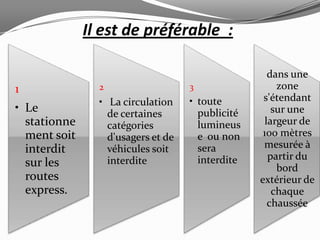 Il est de préférable :

                                                     dans une
1               2                   3                  zone
                • La circulation    • toute        s'étendant
• Le              de certaines        publicité       sur une
  stationne       catégories          lumineus      largeur de
  ment soit       d'usagers et de     e ou non     100 mètres
  interdit        véhicules soit      sera         mesurée à
                  interdite           interdite      partir du
  sur les                                              bord
  routes                                          extérieur de
  express.                                            chaque
                                                     chaussée
 