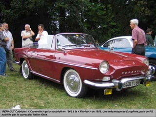 RENAULT Cabriolet « Caravelle » qui a succédé en 1962 à la « Floride » de 1958. Une mécanique de Dauphine, puis de R8,
habillée par le carrossier italien Ghia.
 