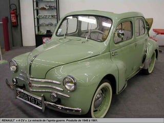 RENAULT « 4 CV ». Le miracle de l’après-guerre. Produite de 1946 à 1961.
 