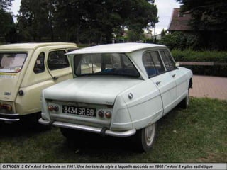 CITROEN 3 CV « Ami 6 » lancée en 1961. Une hérésie de style à laquelle succéda en 1968 l’ « Ami 8 » plus esthétique
 