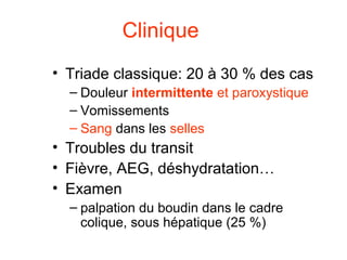 Clinique
• Triade classique: 20 à 30 % des cas
  – Douleur intermittente et paroxystique
  – Vomissements
  – Sang dans les selles
• Troubles du transit
• Fièvre, AEG, déshydratation…
• Examen
  – palpation du boudin dans le cadre
    colique, sous hépatique (25 %)
 