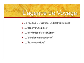 L’agence de Voyage


Je voudrais …. “acheter un billet” (Billeterie)



… “réserverune place”



… “confirmer ma réservation”



… “annuler ma réservation”



… “louerunevoiture”

 