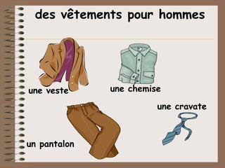 des vêtements pour hommes




une veste     une chemise

                        une cravate



un pantalon
 