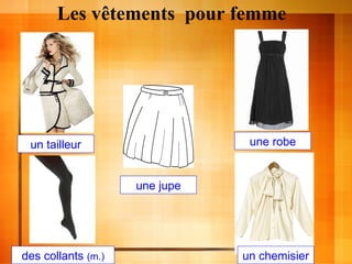 Les vêtements  pour femme un tailleur une jupe une robe des collants  (m.) un chemisier 