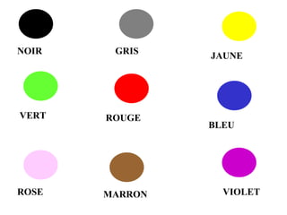 NOIR GRIS JAUNE VERT ROUGE BLEU ROSE MARRON VIOLET 