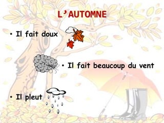 L’AUTOMNE
• Il fait doux
• Il fait beaucoup du vent
• Il pleut
 