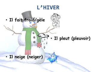 L’HIVER
• Il fait froid/gèle
• Il pleut (pleuvoir)
• Il neige (neiger)
 