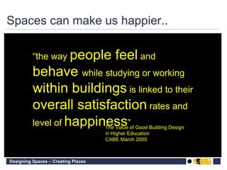 The Value of Good Building Design in Higher Education CABE March 2005 “ the way  people feel  and  behave  while studying or working   within buildings  is linked to their  overall satisfaction  rates and level of  happiness ” Spaces can make us happier.. 