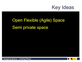 Key Ideas  Open Flexible (Agile) Space Semi private space 