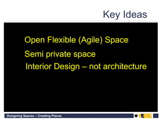 Key Ideas  Open Flexible (Agile) Space Interior Design – not architecture Semi private space 