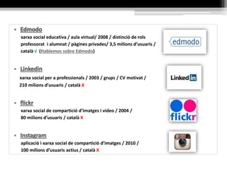 Google Drive
drive.google.com
• servei d’allotjament de fitxers
multiplataforma i multimèdia
• 2012 (evolució de Google.docs)
• permet sincronització i
compartició simultània
• eina col·laborativa de les
comunitats Google+ i d’altres
xarxes socials
• associat als comptes Gmail
català √
tutorial (S Caballeria)
Videotutorial (Tutoriales y más)
 