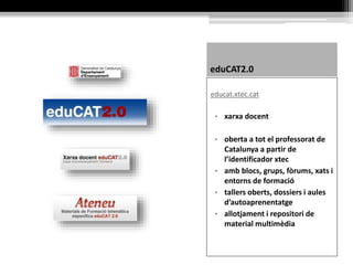 Característiques: Característiques: Característiques: Característiques:
aula virtual xarxa professional presentacions xarxa social
seguidors seguidors no seguidors seguidors
treball col·laboratiu grups treball col·laboratiu grups
públic/privat públic públic/privat públic/privat
Ús habitual: Ús habitual: Ús habitual: Ús habitual:
formal formal formal formal/personal
comunicació/ relació/ compartició/ relació/
construcció comunicació construcció compartició
Ús generacional: Ús generacional: Ús generacional: Ús generacional:
comunitat escolar adult adult jove/adult
Suport de més ús: Suport de més ús: Suport de més ús: Suport de més ús:
ordinador tauleta/ordinador tauleta/ordinador mòbil/tauleta/
ordinador
 